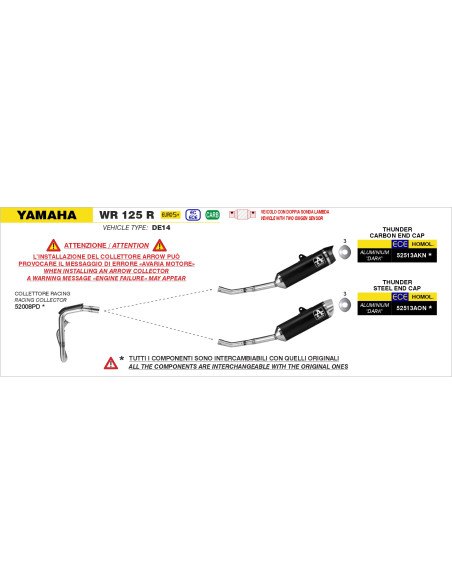 Silencieux Thunder ARROW - aluminium dark - embout carbone - homologué - YAMAHA WR 125 R 2026