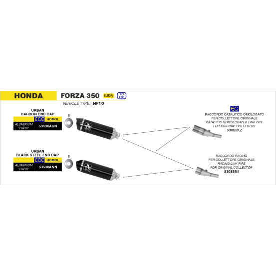 Silencieux Urban ARROW - aluminium dark - embout carbone - homologué - HONDA FORZA 350 2021-2024 - SH 350 2021-2023