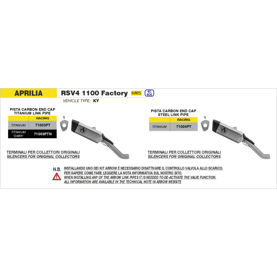Silencieux Pista avec raccord en inox ARROW - titane - embout carbone - non homologué - APRILIA
