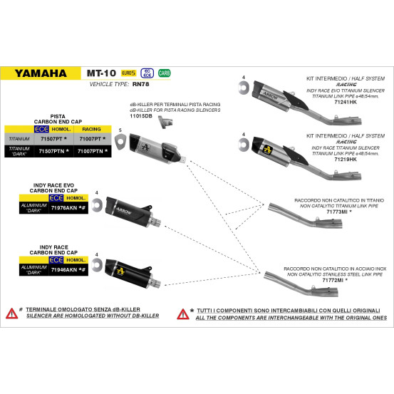 Silencieux Pista ARROW - titane dark - embout carbone - non homologué - YAMAHA MT-10 2022-2024