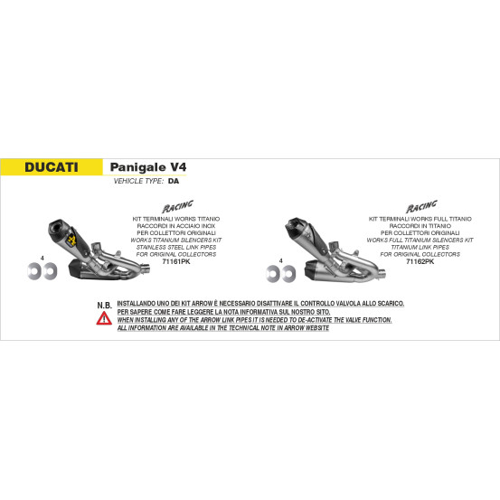 Paire de silencieux Works avec raccords en inox ARROW - titane - embout carbone - non homologué - DUCATI