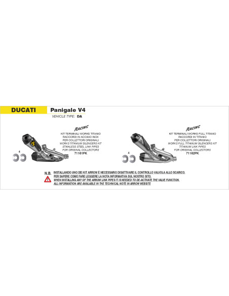 Paire de silencieux Works avec raccords en inox ARROW - titane - embout carbone - non homologué - DUCATI