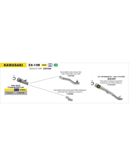 Kit intermédiaire racing ARROW - Silencieux Pro-Race + raccord diamètre 65mm - titane - non homologué - KAWASAKI