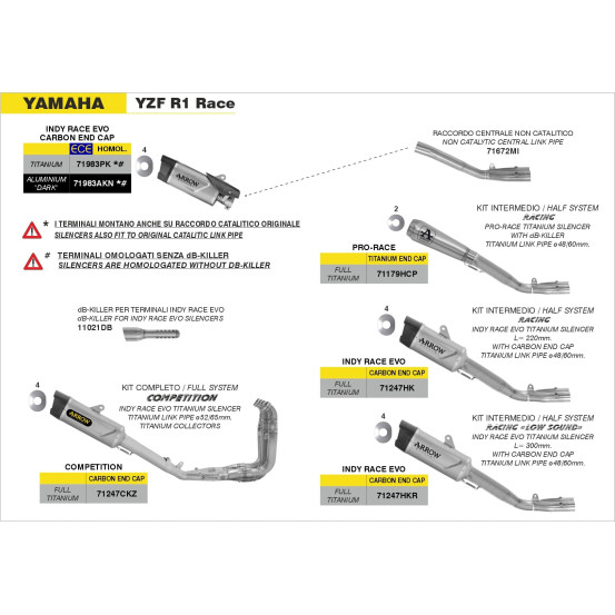 Kit intermédiaire racing ARROW - Silencieux Pro-Race + raccord diamètre 60mm - titane - non homologué - YAMAHA YZF R1 2017-2026