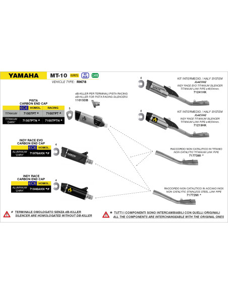 Kit intermédiaire racing ARROW - Silencieux Indy Race EVO titane - embout carbone + raccord diam 54mm - non homologué - YAMAHA