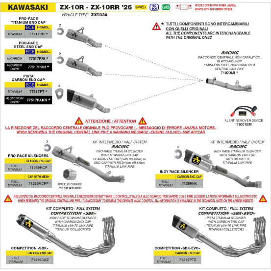 Kit intermédiaire racing ARROW - Silencieux Pro-Race + raccord - titane - non homologué - KAWASAKI ZX-10R / ZX-10RR 2026