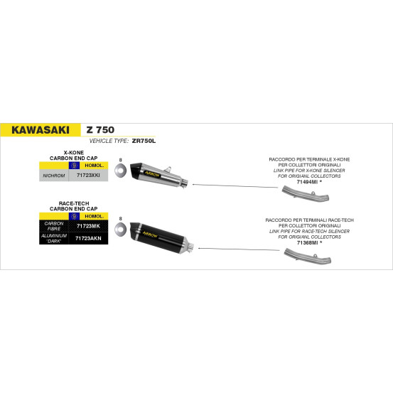 Silencieux X-Kone ARROW - inox - embout carbone - homologué - KAWASAKI Z 750 2007-14 - Z 750 R 2011-14 - Z 800 - Z 800 E 2013-16