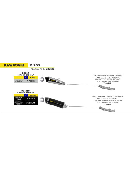Silencieux X-Kone ARROW - inox - embout carbone - homologué - KAWASAKI Z 750 2007-14 - Z 750 R 2011-14 - Z 800 - Z 800 E 2013-16