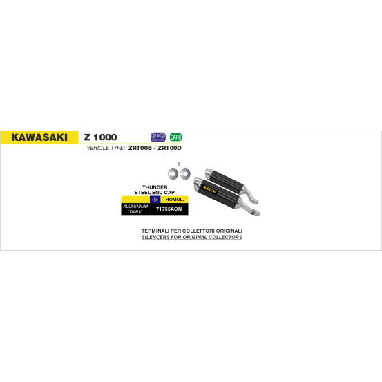 Paire de silencieux Thunder ARROW - aluminium dark - embout inox - homologué - KAWASAKI Z 1000 2010-2020