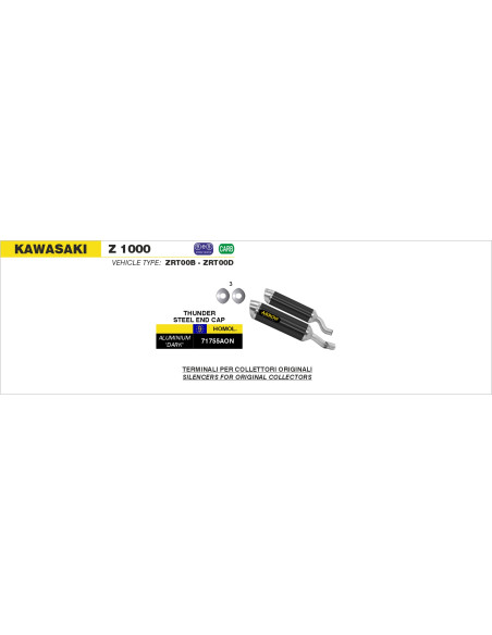 Paire de silencieux Thunder ARROW - aluminium dark - embout inox - homologué - KAWASAKI Z 1000 2010-2020