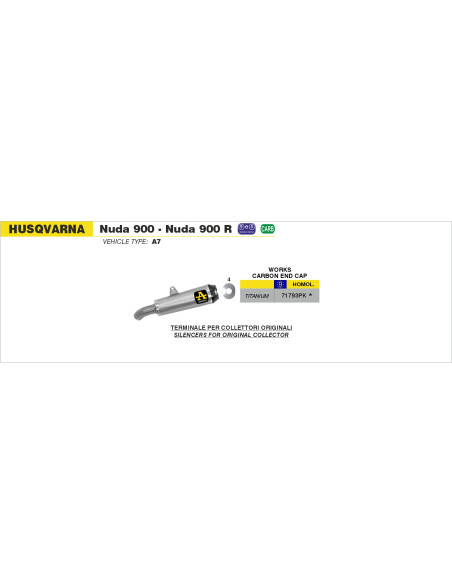 Silencieux Works ARROW - titane - embout carbone - homologué - HUSQVARNA NUDA 900 / NUDA 900 R 2012-2013