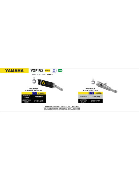 Silencieux Pro Race ARROW - nichrome - homologué - YAMAHA YZF R3 2015-2024 - YZF R25 2015-2016 - MT-03 2016-2019