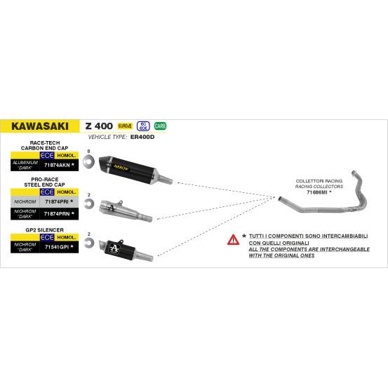 Silencieux Pro-Race ARROW - nichrome dark - homologué - KAWASAKI NINJA 400 2018-2023 - Z 400 2019-2023