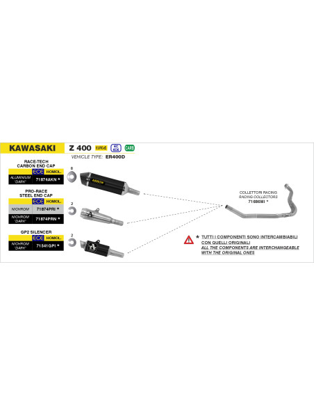 Silencieux Pro-Race ARROW - nichrome dark - homologué - KAWASAKI NINJA 400 2018-2023 - Z 400 2019-2023