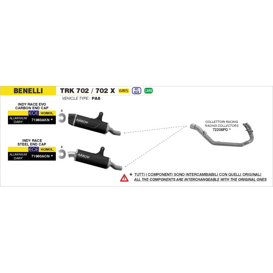 Silencieux Indy Race ARROW - aluminium dark - embout inox - homologué - BENELLI TRK 702 / 702X 2023-2026