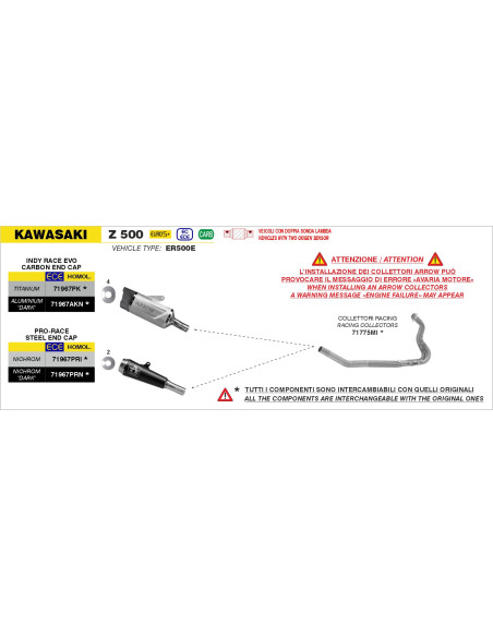 Silencieux Indy Race EVO ARROW - titane - embout carbone - homologué - KAWASAKI Z 500 - NINJA 500 2024-2026
