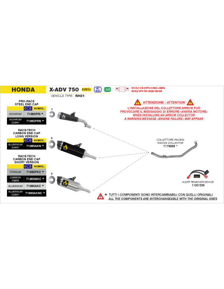 Silencieux Race-Tech ARROW - version courte - aluminium - embout carbone - homologué - HONDA X-ADV 750 2017-2026