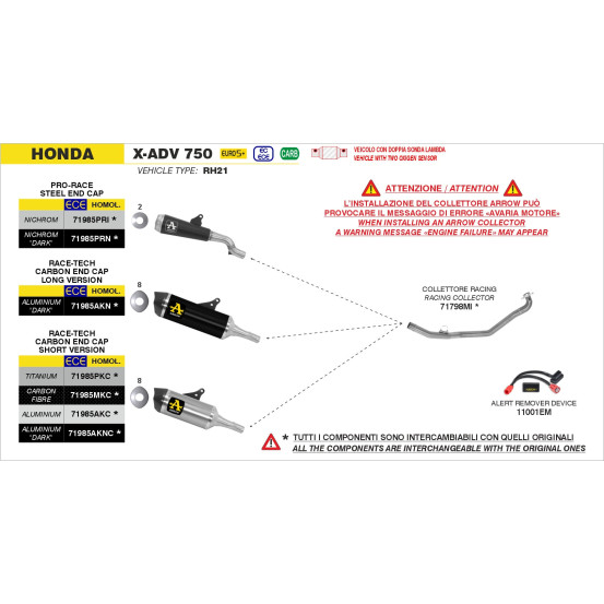 Silencieux Race-Tech ARROW - version courte - titane - embout carbone - homologué - HONDA X-ADV 750 2017-2026