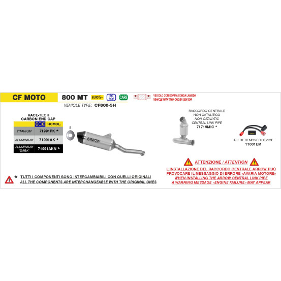 Silencieux Race-Tech ARROW - aluminium dark - embout carbone - homologué - CF MOTO 800 MT 2025-2026