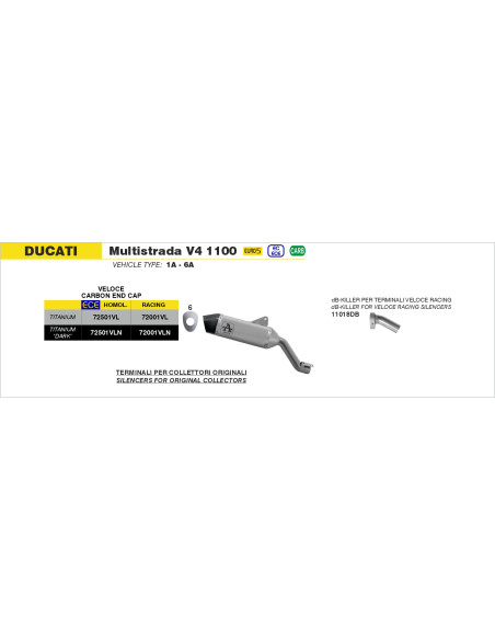 Silencieux Veloce ARROW - titane - embout carbone - non homologué - DUCATI MULTISTRADA V4 1100 2021-2024