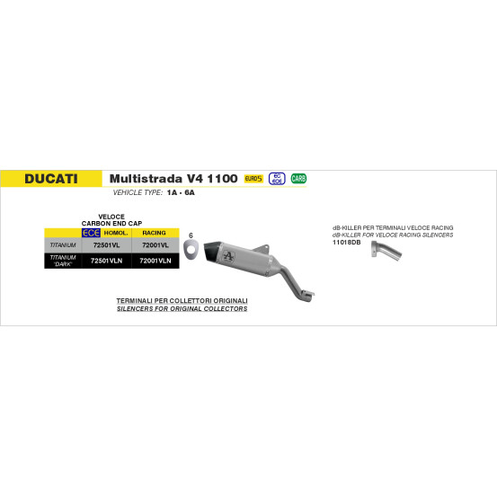Silencieux Veloce ARROW - titane dark - embout carbone - non homologué - DUCATI MULTISTRADA V4 1100 2021-2024