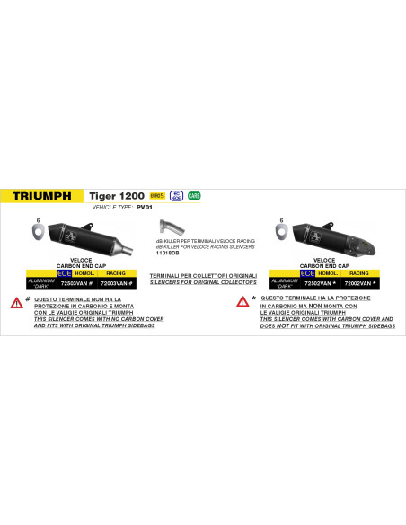 Silencieux Veloce pour valises latérales ARROW - aluminium dark - embout carbone - non homologué - TRIUMPH TIGER 1200 2022-2026