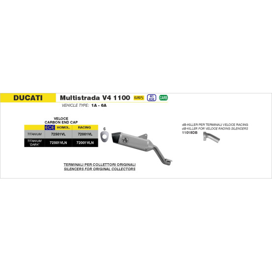 Silencieux Veloce ARROW - titane - embout carbone - homologué - DUCATI MULTISTRADA V4 1100 2021-2024