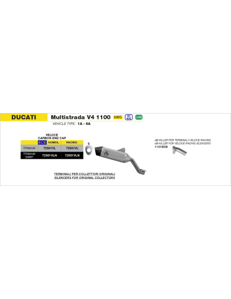 Silencieux Veloce ARROW - titane - embout carbone - homologué - DUCATI MULTISTRADA V4 1100 2021-2024