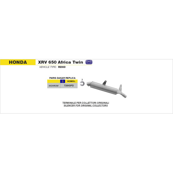 Silencieux Paris-Dakar Replica ARROW - inox - homologué - HONDA XRV 650 AFRICA TWIN 1988-1989