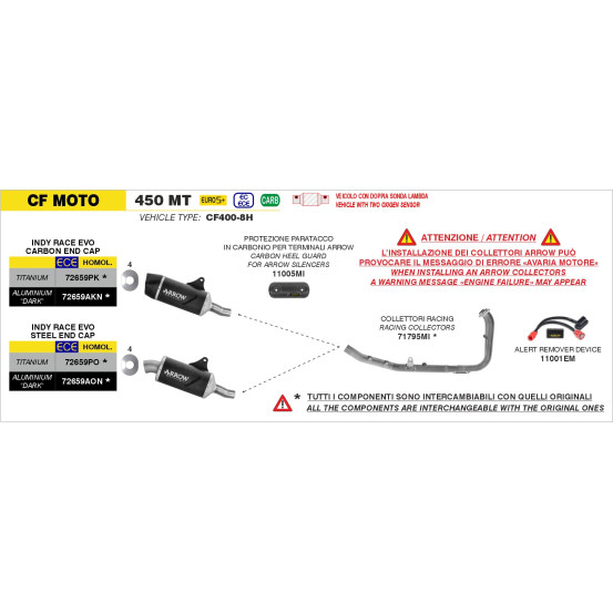 Silencieux Indy Race EVO ARROW - aluminium dark - embout carbone - homologué - CF MOTO 450 MT 2025-2026