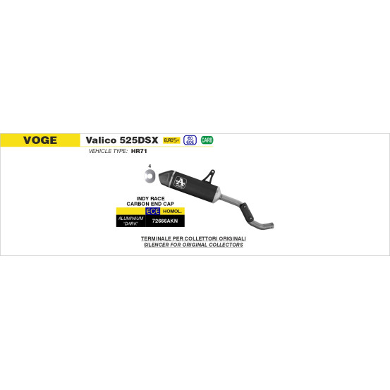 Silencieux Indy Race ARROW - aluminium dark - embout carbone - homologué - VOGE VALICO 525DSX 2023-2026