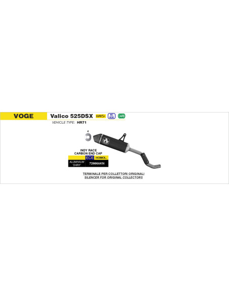Silencieux Indy Race ARROW - aluminium dark - embout carbone - homologué - VOGE VALICO 525DSX 2023-2026