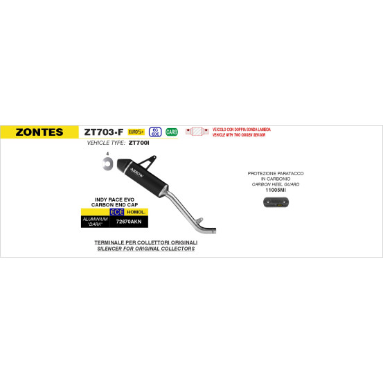 Silencieux Indy Race ARROW - aluminium dark - embout carbone - homologué - ZONTES ZT703-F 2025-2026