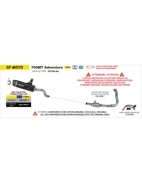 Silencieux Indy Race EVO ARROW - titane - embout carbone - homologué - CF MOTO 700MT ADVENTURE 2025-2026