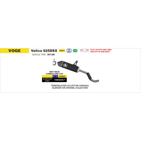Silencieux Indy Race ARROW - aluminium dark - embout carbone - homologué - VOGE VALICO 625DSX 2025-2026