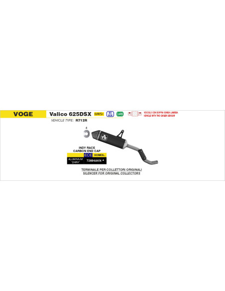 Silencieux Indy Race ARROW - aluminium dark - embout carbone - homologué - VOGE VALICO 625DSX 2025-2026