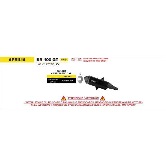 Silencieux Sonora ARROW - inox dark - embout carbone - non homologué - APRILIA SR 400 GT 2026