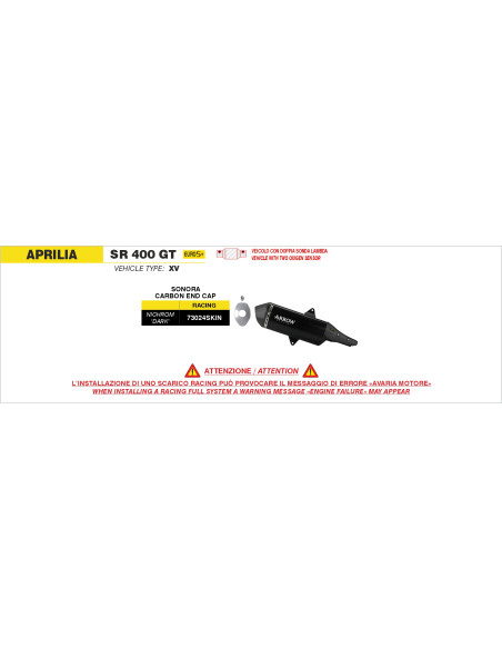Silencieux Sonora ARROW - inox dark - embout carbone - non homologué - APRILIA SR 400 GT 2026
