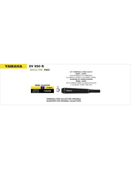 Silencieux Rebel ARROW - inox dark - embout carbone - homologué - YAMAHA XV BOLT 950 R 2014-2016
