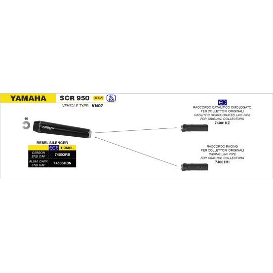 Silencieux Rebel ARROW - inox dark - embout aluminium dark - homologué - YAMAHA SCR 950 2017-2020