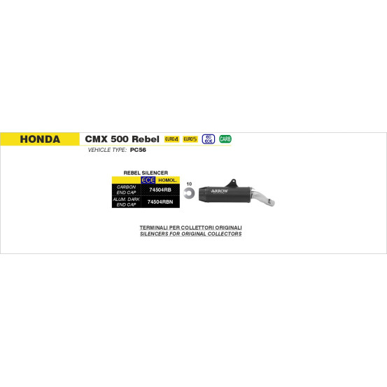 Silencieux Rebel ARROW - inox dark - embout aluminium dark - homologué - HONDA CMX 500 Rebel ARROW 2017-2024