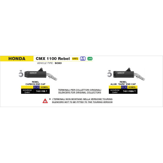 Silencieux Rebel ARROW - inox dark - embout carbone - homologué - HONDA CMX 1100 Rebel ARROW 2021-2025