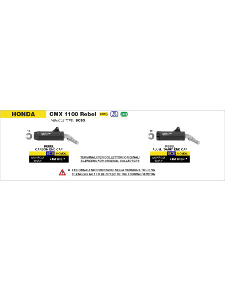 Silencieux Rebel ARROW - inox dark - embout carbone - homologué - HONDA CMX 1100 Rebel ARROW 2021-2025