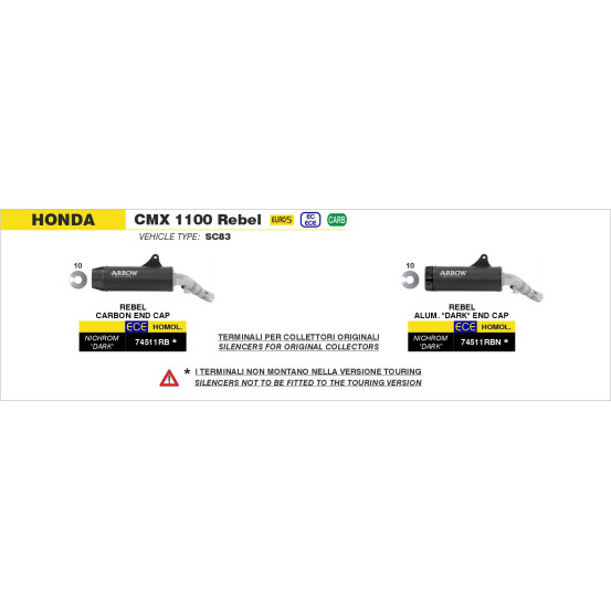 Silencieux Rebel ARROW - inox dark - embout aluminium dark - homologué - HONDA CMX 1100 Rebel ARROW 2021-2025