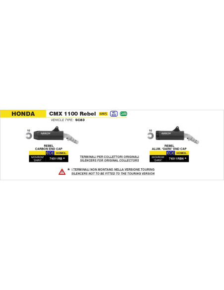 Silencieux Rebel ARROW - inox dark - embout aluminium dark - homologué - HONDA CMX 1100 Rebel ARROW 2021-2025