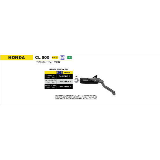 Silencieux Rebel ARROW - inox dark - embout aluminium poli - homologué - HONDA CL 500 2023-2024