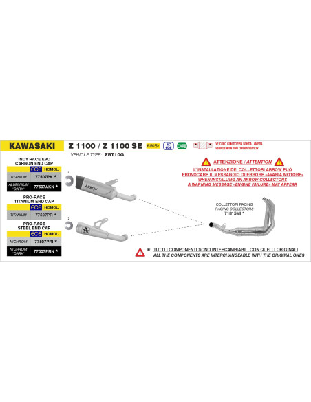 Silencieux Pro-Race ARROW - titane - embout inox - homologué - KAWASAKI Z 1100 / Z 1100 SE 2025-2026
