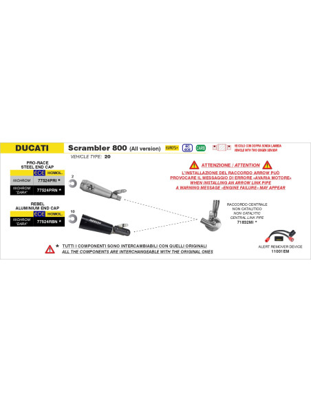 Silencieux Pro-Race ARROW - nichrome - homologué - DUCATI SCRAMBLER 800 2025-2026