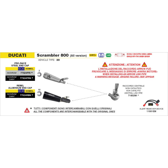 Silencieux Rebel ARROW - inox dark - embout aluminium dark - homologué - DUCATI SCRAMBLER 800 2025-2026