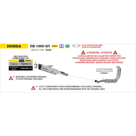 Silencieux Indy Race EVO ARROW - aluminium dark - embout carbone - homologué - HONDA CB 1000 GT 2026
